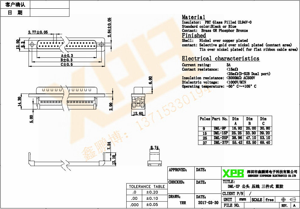 DML-25P 公頭 壓線三件式連接器規格書