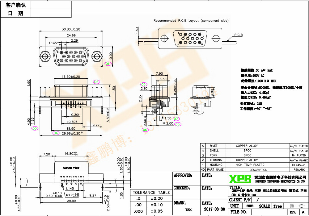 DMRH-15P 母頭 三排 前10后5沉板窄體 側叉式連接器規格書