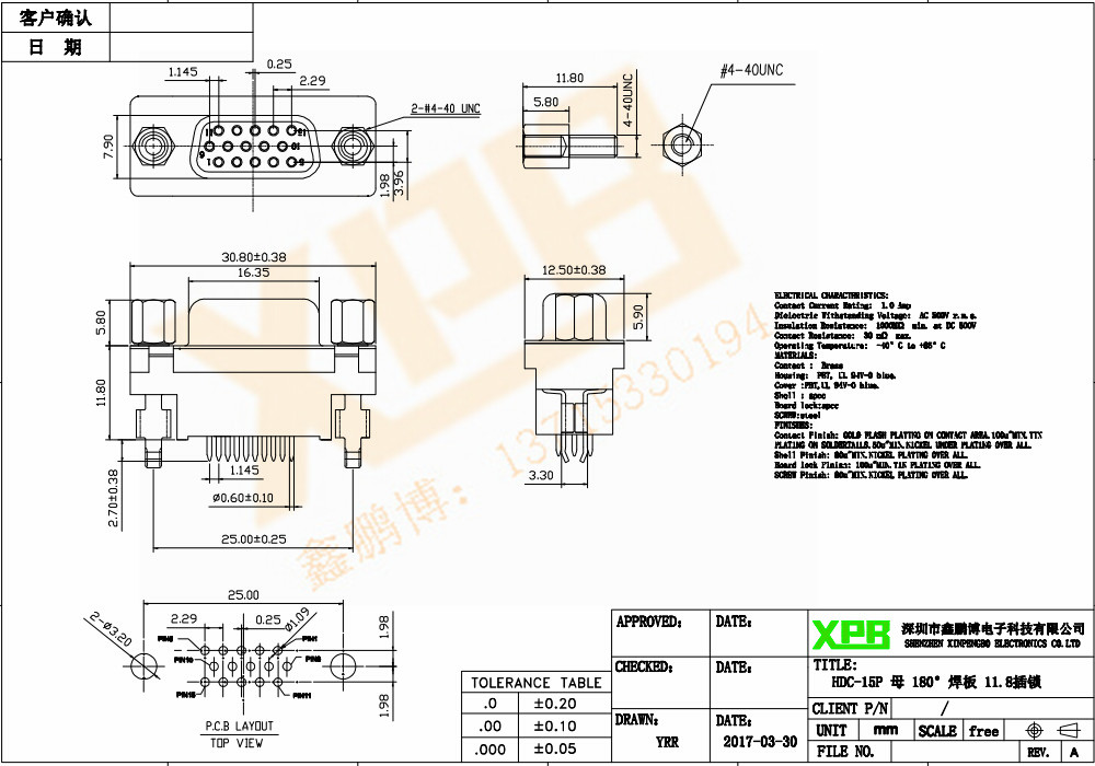 HDC-15P 母 180°焊板連接器規格書